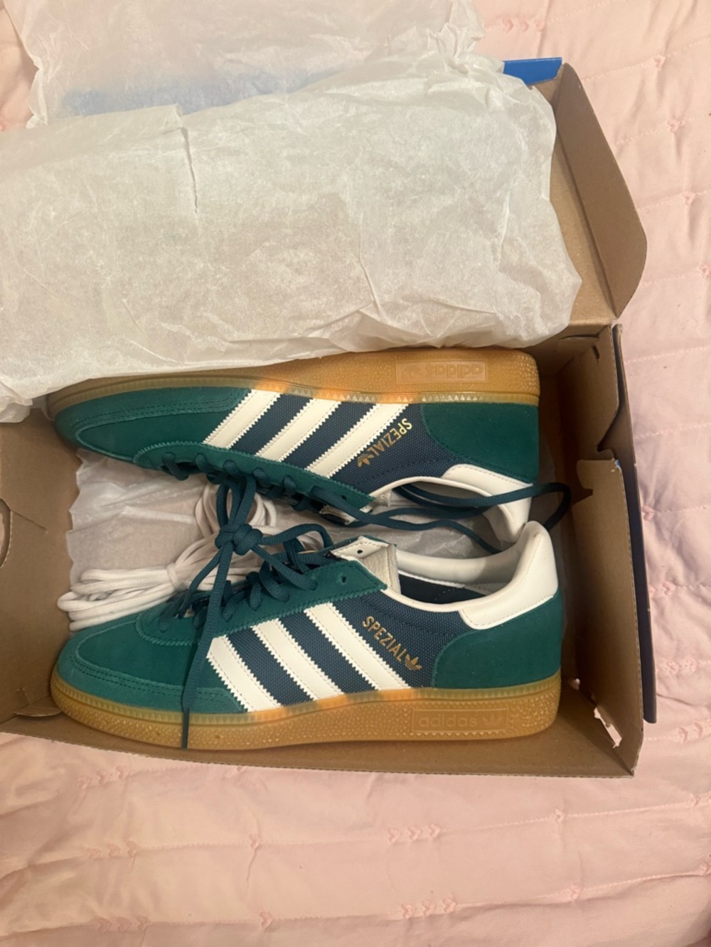 Adidas green and white Spezial suede sneakers with gum sole